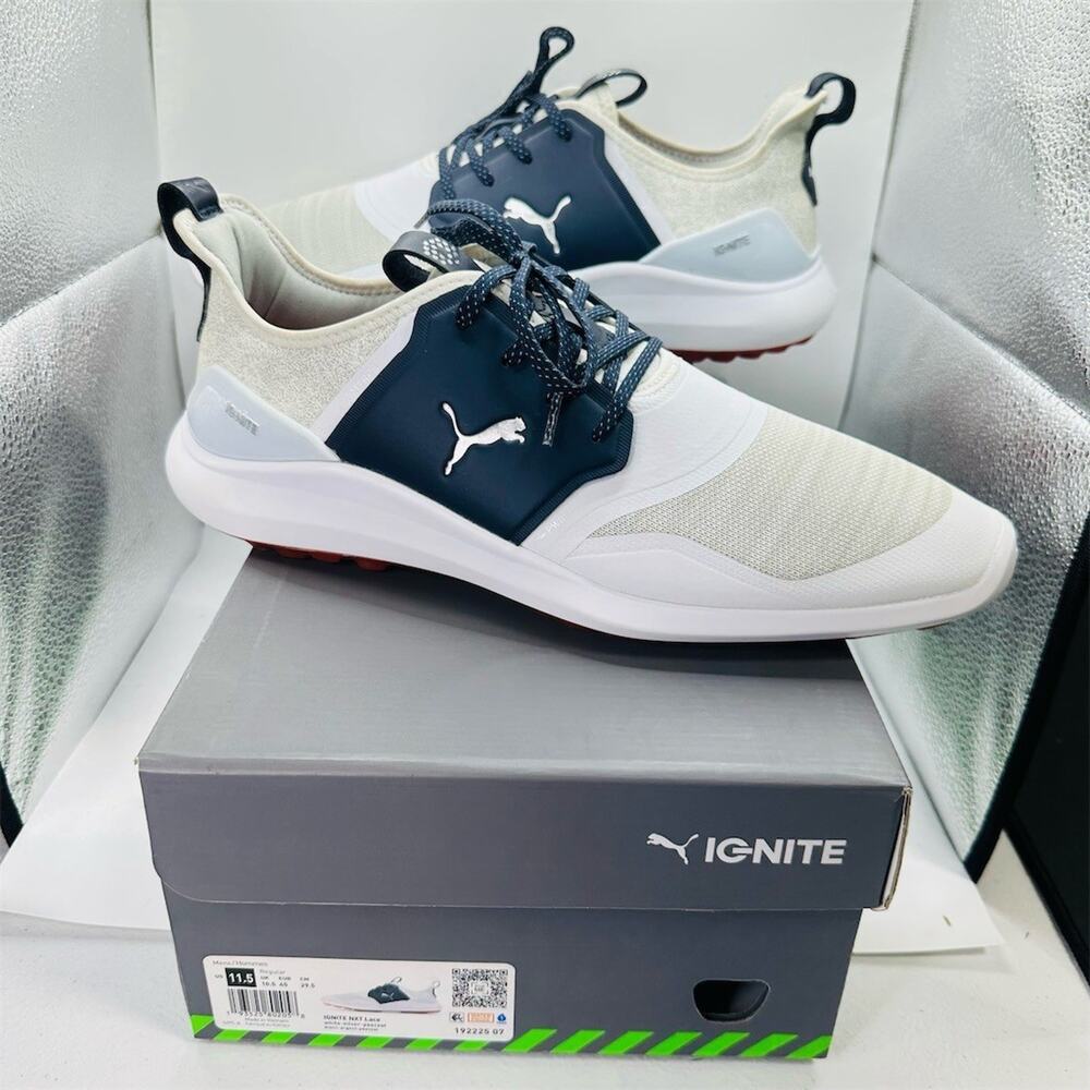 PUMA Golf IGNITE NXT Lace Spikeless Golf Shoes Men's US 11.5 White/Navy | EUC